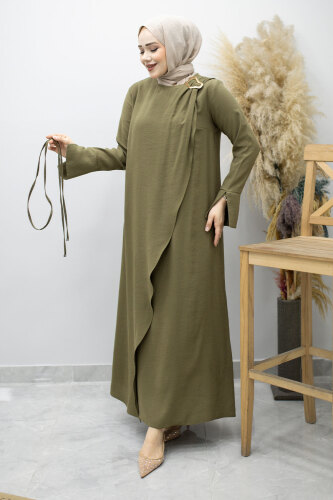 Broş Detaylı Kuşaklı Elbise TSD260198 Haki - 5