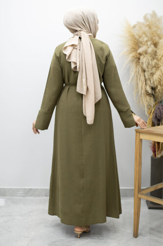 Broş Detaylı Kuşaklı Elbise TSD260198 Haki - 6