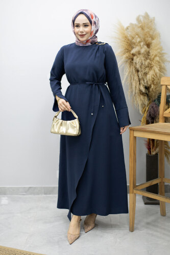 Broş Detaylı Kuşaklı Elbise TSD260198 Lacivert 