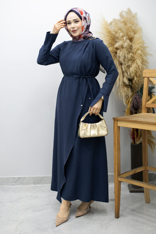 Broş Detaylı Kuşaklı Elbise TSD260198 Lacivert - 3