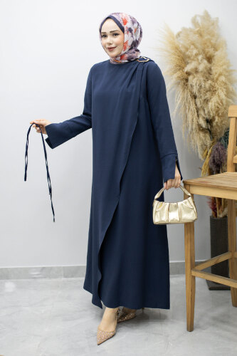 Broş Detaylı Kuşaklı Elbise TSD260198 Lacivert - 5