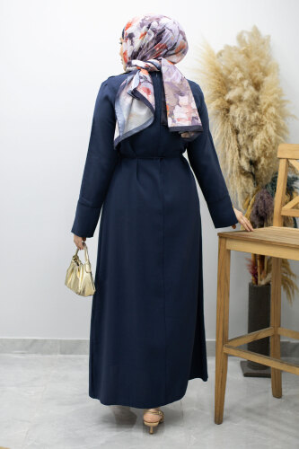 Broş Detaylı Kuşaklı Elbise TSD260198 Lacivert - 6