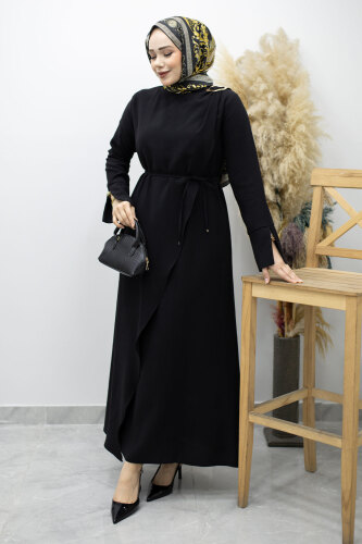 Broş Detaylı Kuşaklı Elbise TSD260198 Siyah 