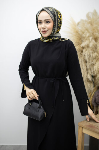 Broş Detaylı Kuşaklı Elbise TSD260198 Siyah - 2