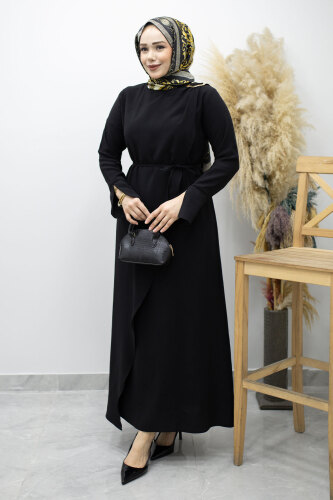 Broş Detaylı Kuşaklı Elbise TSD260198 Siyah - 3