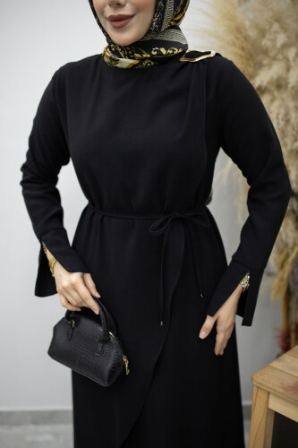 Broş Detaylı Kuşaklı Elbise TSD260198 Siyah - 4