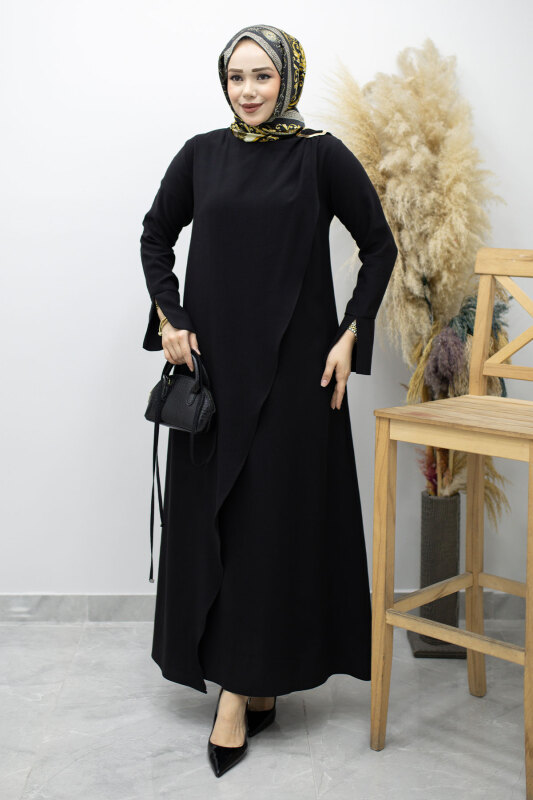 Broş Detaylı Kuşaklı Elbise TSD260198 Siyah - 5