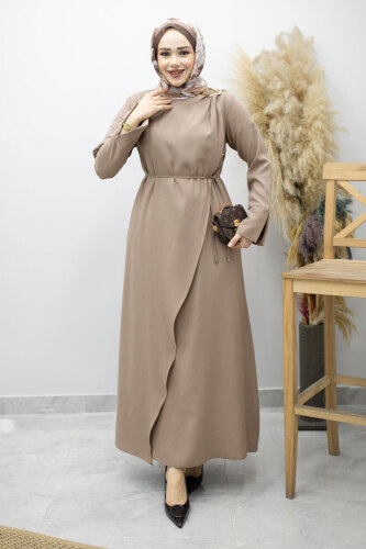 Broş Detaylı Kuşaklı Elbise TSD260198 Vizon - 5