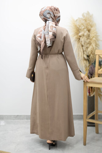 Broş Detaylı Kuşaklı Elbise TSD260198 Vizon - 6