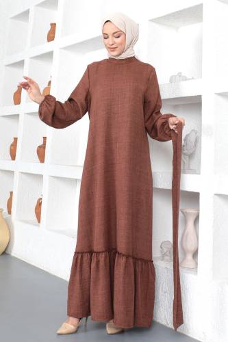 Büyük Beden Beli Bağlamalı Elbise TSD230358 Kahverengi - 4
