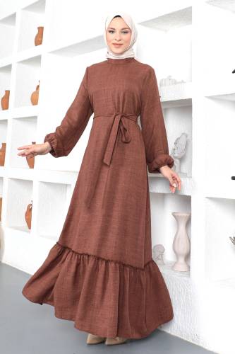 Büyük Beden Beli Bağlamalı Elbise TSD230358 Kahverengi - 1