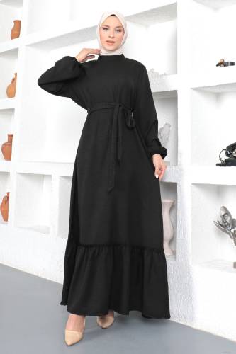 Büyük Beden Beli Bağlamalı Elbise TSD230358 Siyah 