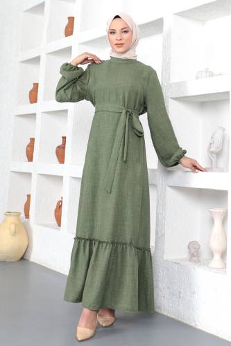Büyük Beden Beli Bağlamalı Elbise TSD230358 Yeşil 