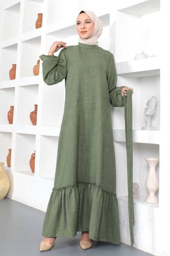 Büyük Beden Beli Bağlamalı Elbise TSD230358 Yeşil - 4
