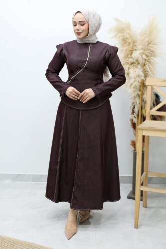 Çapraz Fermuarlı Etekli Takım TSD260144 Bordo - 1