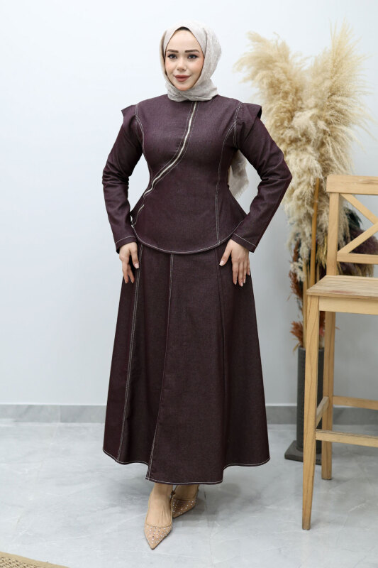 Çapraz Fermuarlı Etekli Takım TSD260144 Bordo - 3