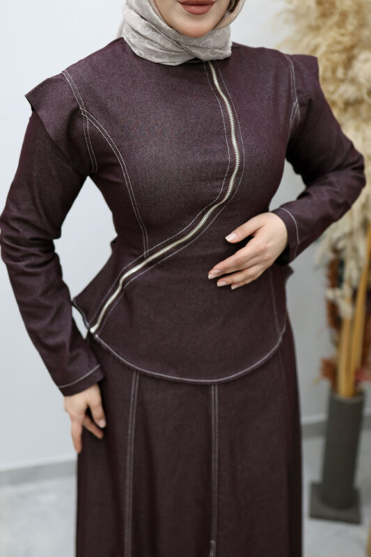 Çapraz Fermuarlı Etekli Takım TSD260144 Bordo - 4