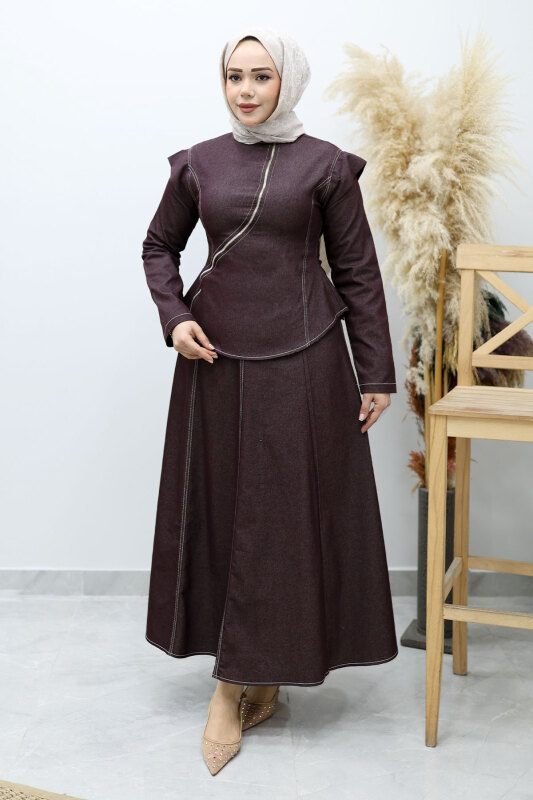 Çapraz Fermuarlı Etekli Takım TSD260144 Bordo - 5