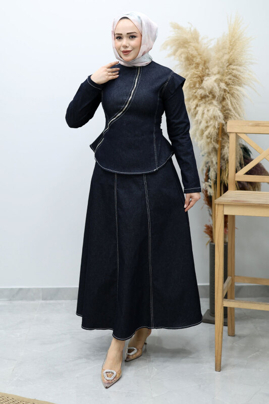 Çapraz Fermuarlı Etekli Takım TSD260144 Koyu Mavi - 3