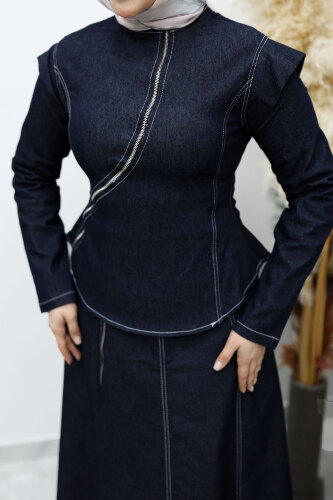 Çapraz Fermuarlı Etekli Takım TSD260144 Koyu Mavi - 4