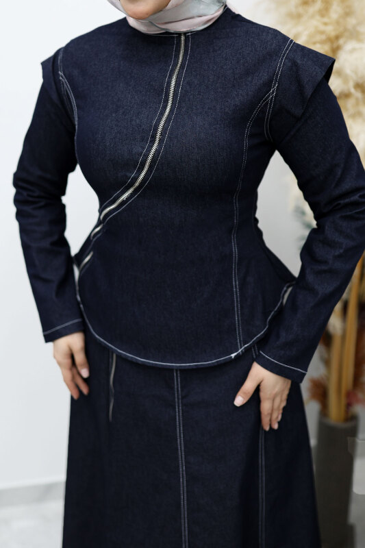 Çapraz Fermuarlı Etekli Takım TSD260144 Koyu Mavi - 4