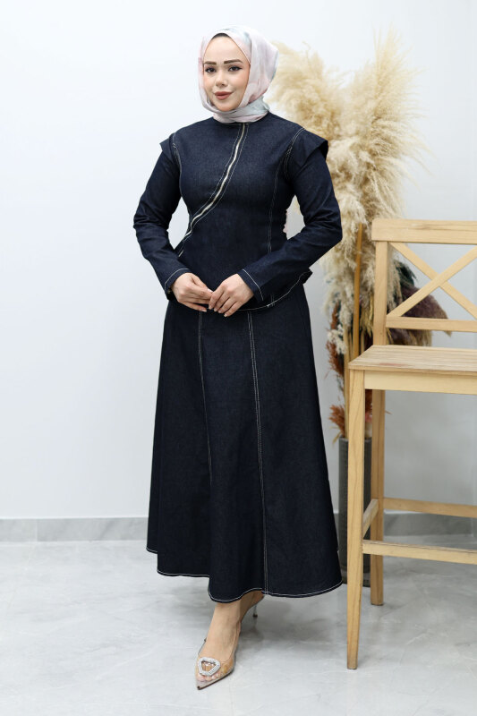 Çapraz Fermuarlı Etekli Takım TSD260144 Koyu Mavi - 5