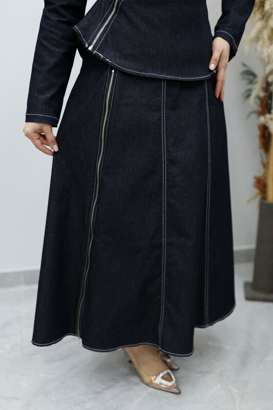 Çapraz Fermuarlı Etekli Takım TSD260144 Koyu Mavi - 6