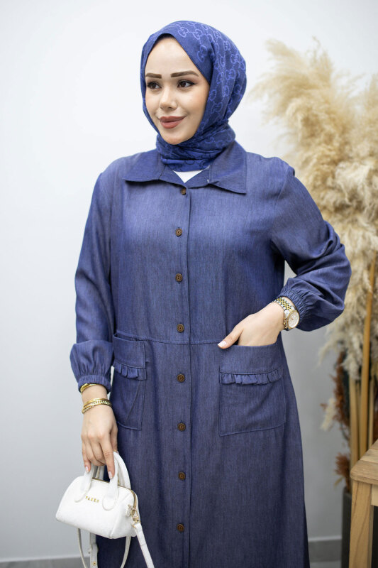 Cebi Fırfırlı Kot Tunik TSD260165 Koyu Mavi - Tesettür Dünyası (1)