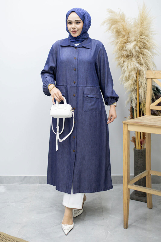 Cebi Fırfırlı Kot Tunik TSD260165 Koyu Mavi - Tesettür Dünyası