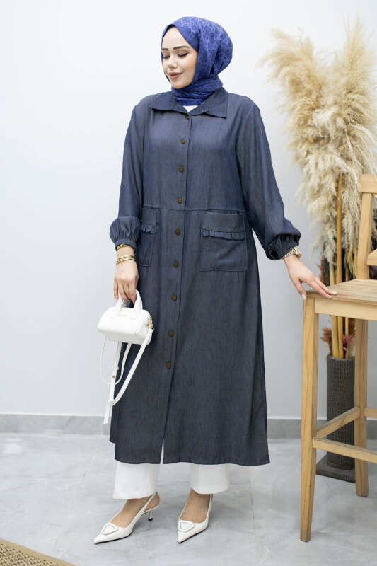 Cebi Fırfırlı Kot Tunik TSD260165 Lacivert - Tesettür Dünyası