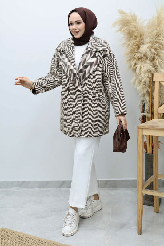 Cepli Balıksırtı Desenli Kaban TSD260129 Kahverengi - 1