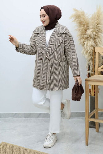 Cepli Balıksırtı Desenli Kaban TSD260129 Kahverengi - 3