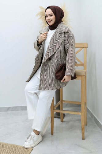 Cepli Balıksırtı Desenli Kaban TSD260129 Kahverengi - 5