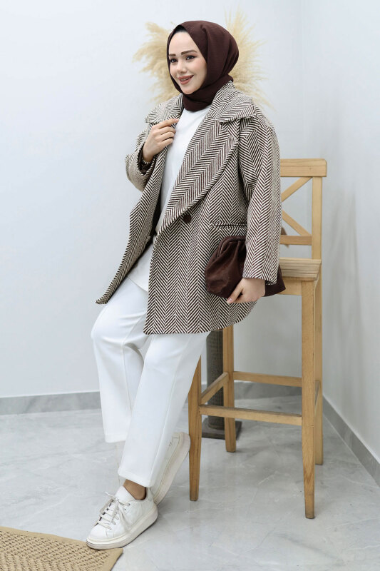 Cepli Balıksırtı Desenli Kaban TSD260129 Kahverengi - 5