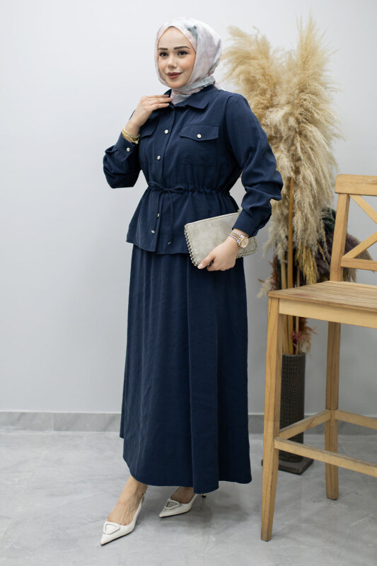 Cepli Beli Büzgülü Etekli Takım TSD260171 Lacivert - Tesettür Dünyası