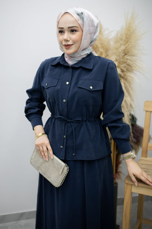 Cepli Beli Büzgülü Etekli Takım TSD260171 Lacivert - Tesettür Dünyası (1)