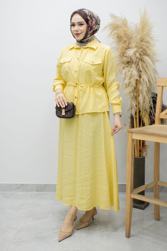 Cepli Beli Büzgülü Etekli Takım TSD260171 Sarı - Tesettür Dünyası