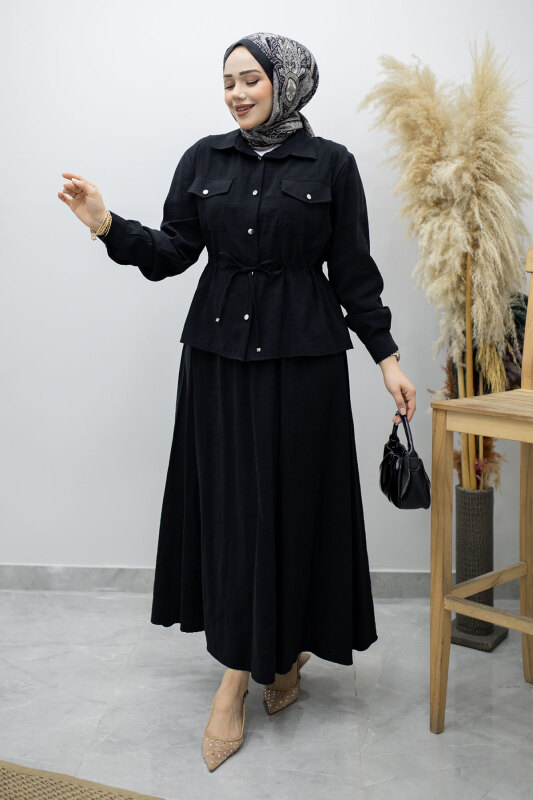 Cepli Beli Büzgülü Etekli Takım TSD260171 Siyah - Tesettür Dünyası