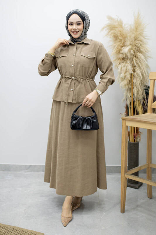 Cepli Beli Büzgülü Etekli Takım TSD260171 Vizon - Tesettür Dünyası