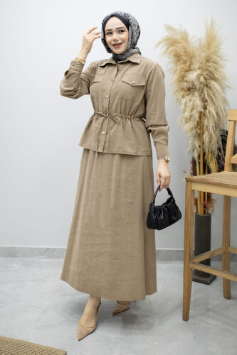 Cepli Beli Büzgülü Etekli Takım TSD260171 Vizon - 3