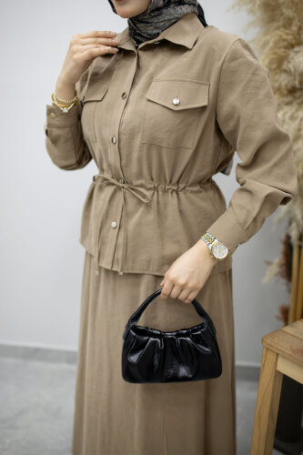 Cepli Beli Büzgülü Etekli Takım TSD260171 Vizon - 4