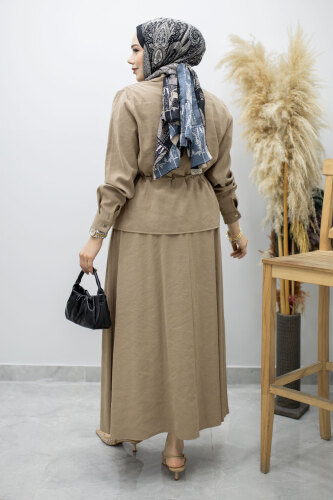 Cepli Beli Büzgülü Etekli Takım TSD260171 Vizon - 6