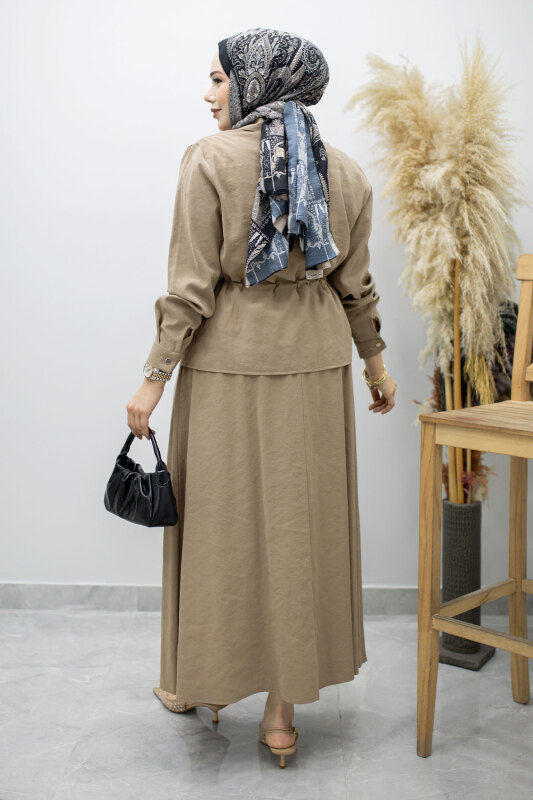 Cepli Beli Büzgülü Etekli Takım TSD260171 Vizon - 6