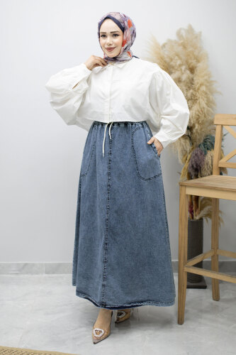 Cepli Beli Lastikli Kot Etek TSD260175 Açık Mavi - 1