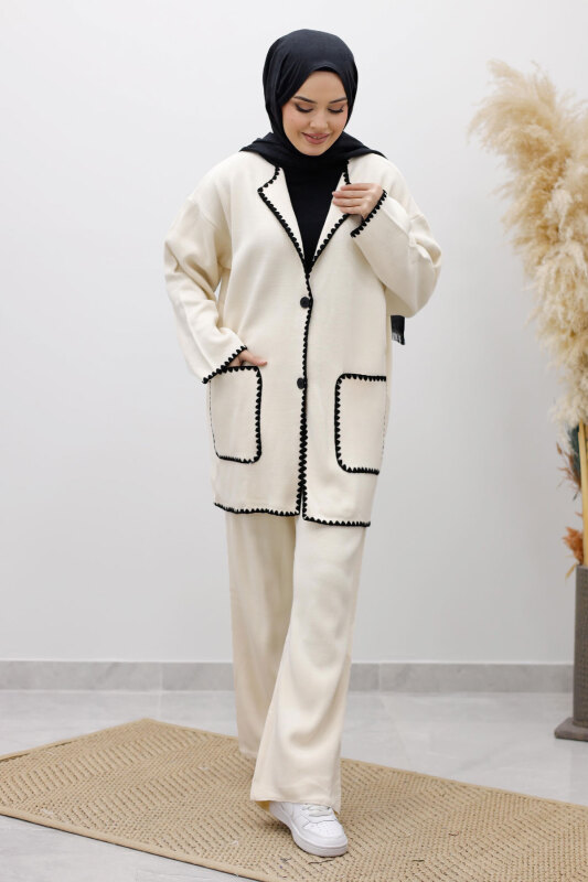 Cepli Çoban Dikişli Triko Takım TSD260100 Bej - Tesettür Dünyası