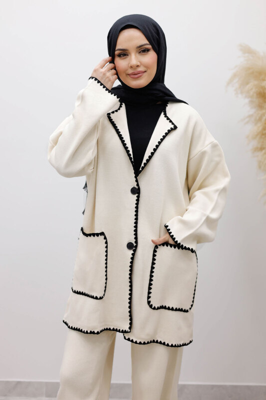 Cepli Çoban Dikişli Triko Takım TSD260100 Bej - Tesettür Dünyası (1)