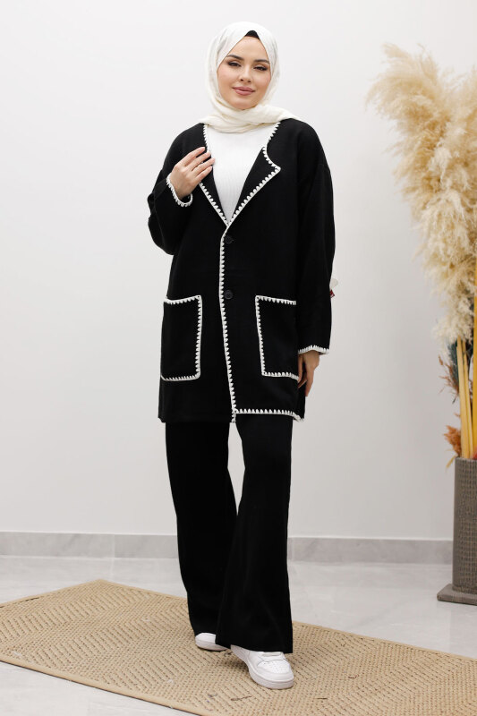 Cepli Çoban Dikişli Triko Takım TSD260100 Siyah - Tesettür Dünyası