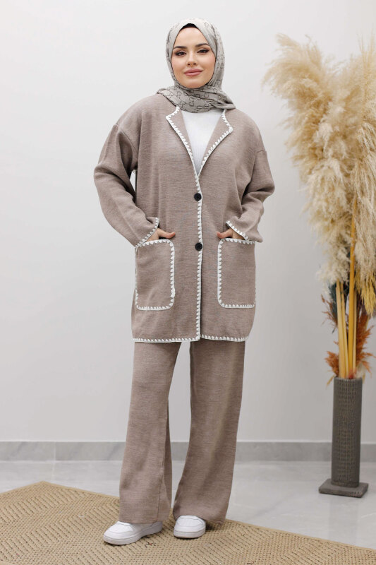 Cepli Çoban Dikişli Triko Takım TSD260100 Vizon - Tesettür Dünyası