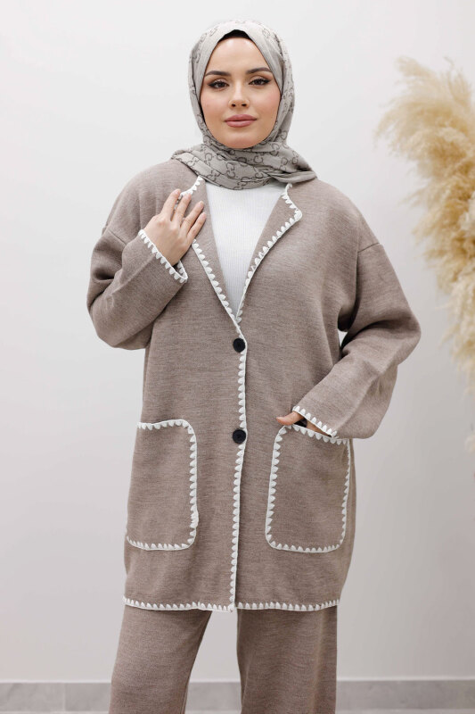 Cepli Çoban Dikişli Triko Takım TSD260100 Vizon - Tesettür Dünyası (1)