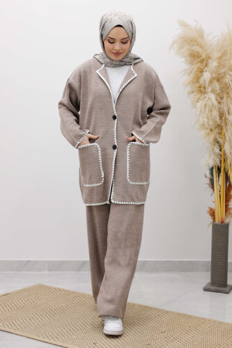 Cepli Çoban Dikişli Triko Takım TSD260100 Vizon - 3